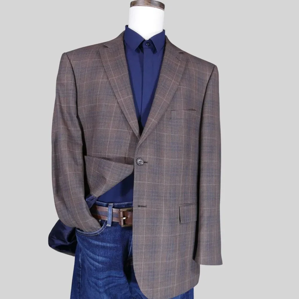 Jos A Bank Reserve Sport Coat Blazer Men 48R Tailored Brown Blue Plaid Wool Silk